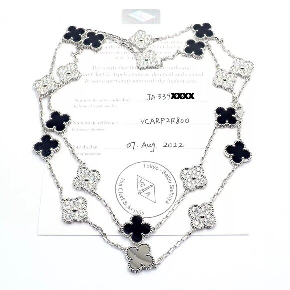 Van Cleef & Arpels 18k White Gold 20 Motif Alhambra Diamond Black Onyx Necklace - Picture 4 of 9
